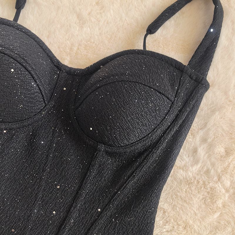 Black Sparkle Bustier Corset Top - Fishbone Strap Vest Elegant Slim Corset